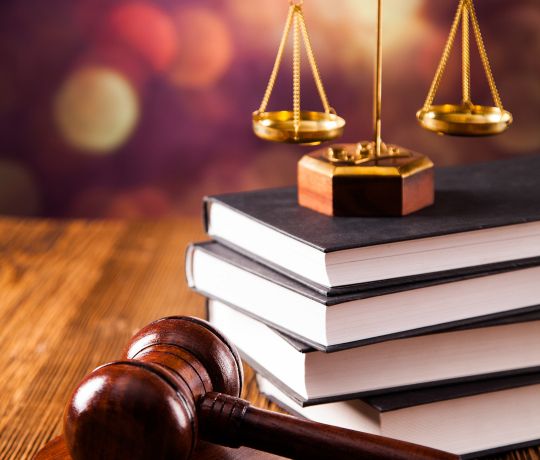 På et still billede ses en borplade hvor der ligger en dommerhamer samt en stak af tykke, tungt udseende bøger i sort omslag. Symbolet på lov og orden, en vægt, står oven på stakken af bøger. I bagrunden ses et sløret lys i lilla, røde, og gyldne nuancer.